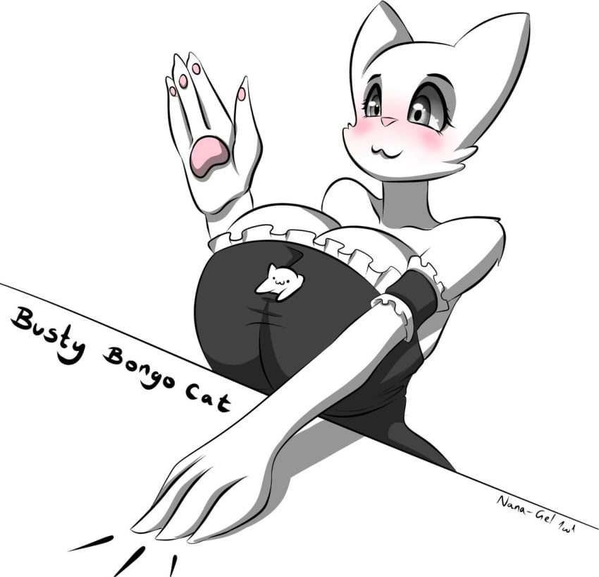 3_fingers :3 anthro big_breasts blush bongo_cat breasts busty cat_ears feline grey_eyes nana_gel silly_cats table white_fur