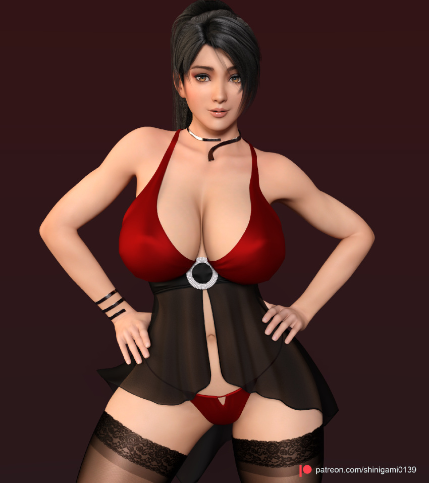 3d babydoll babydoll_lingerie bedroom_eyes black_hair black_lingerie black_stockings bracelet brown_eyes cleavage dead_or_alive g-string hands_on_hips huge_breasts lingerie momiji_(ninja_gaiden) necklace ninja_gaiden red_g-string red_lingerie shinigami0139 smile stockings very_long_hair