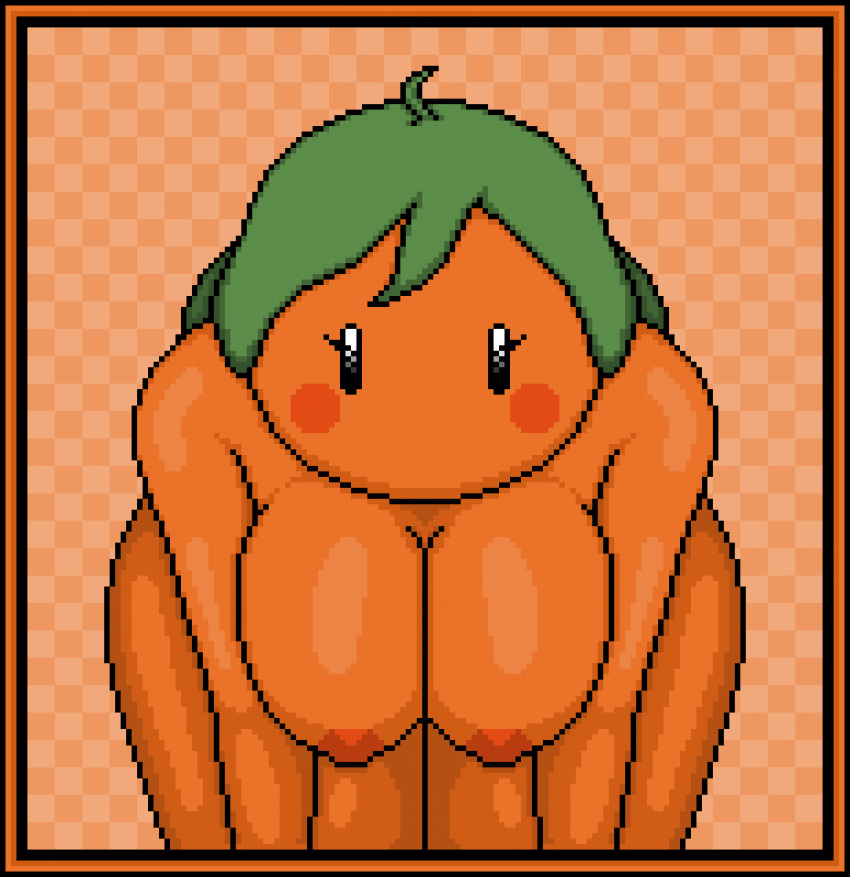 anthro green_hair orange_background orange_body orange_skin orangejuicemann pixel_art poppy_(orangejuicemann)