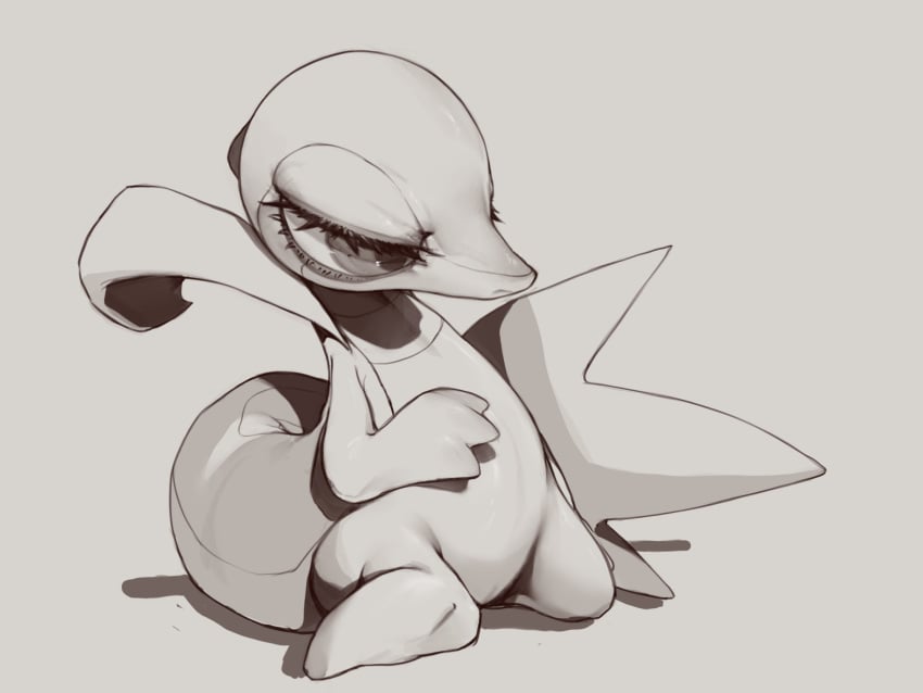 animal_genitalia azre barely_visible_genital_slit barely_visible_genitalia big_eyes eyelashes female feral genital_slit genitals grey_background hi_res kneeling monochrome nintendo pokemon pokemon_(species) simple_background slit snivy thick_tail video_games