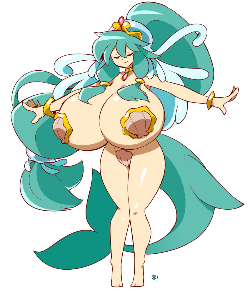 1girls animal_tail arms_out bad_censor barefoot big_breasts breasts censored choker closed_eyes covered_nipples covering covering_crotch eyebrows_visible_through_hair female female_only fish_girl fish_tail green_hair huge_breasts long_hair original pasties queen seashell seashell_pasties shell smile solo solo_female standing tail thehelmetguy tiara top_heavy very_long_hair voluptuous wristband