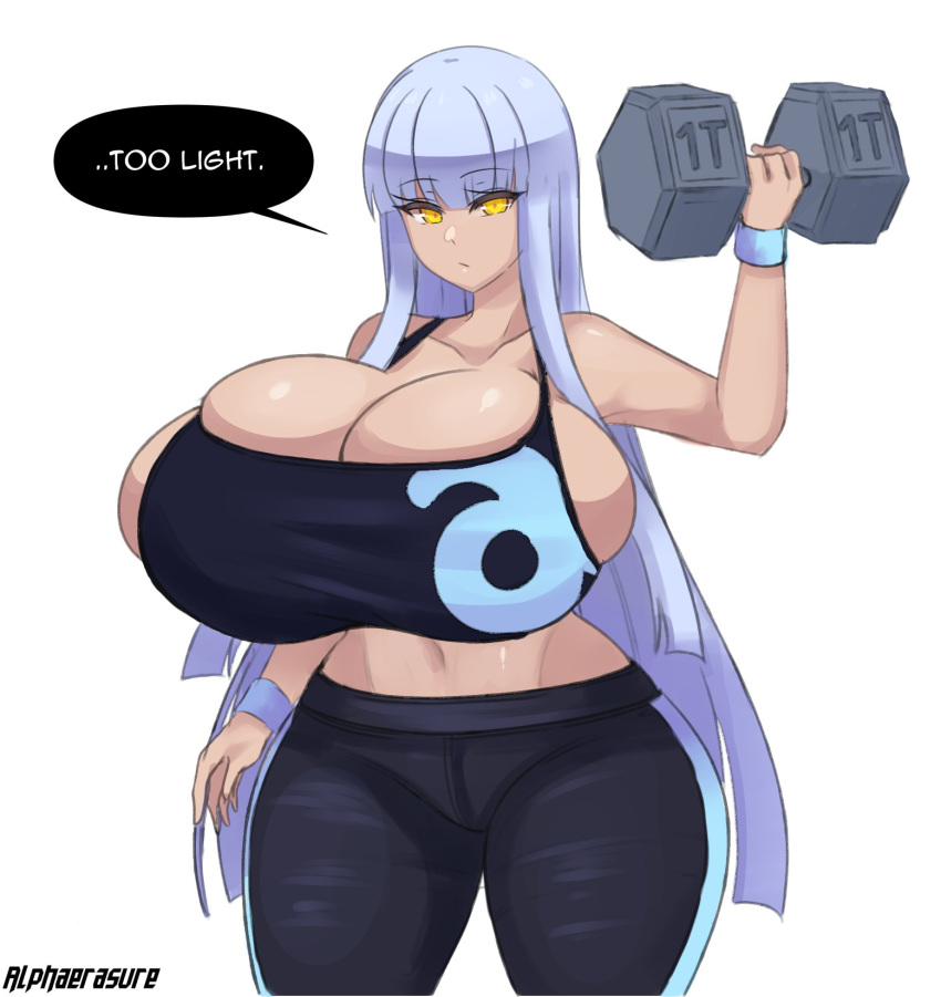 1girls alphaerasure bare_shoulders big_breasts breasts exercise female female_focus huge_breasts long_hair midriff overflowing_breasts ruin_(alphaerasure) silver_hair solo solo_female speech_bubble tagme thick thick_thighs watermark workout yellow_eyes