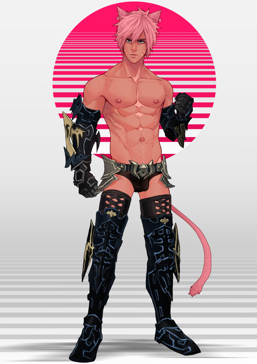 armor blue_eyes bulge cat_ears cat_tail catboy final_fantasy final_fantasy_xiv male male_only maorenc miqo'te nipples pink_hair ruk'a_drasil_(final_fantasy_xiv) shirtless shirtless_(male) skimpy_armor skimpy_clothes solo standing