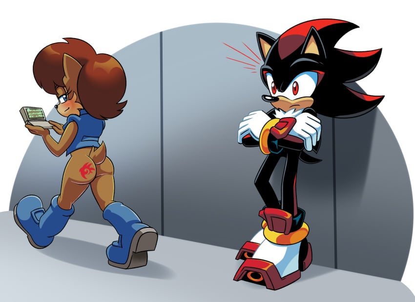 1boy 1girls 2021 ass ass_tattoo butt butt_tattoo exposed exposed_ass exposed_butt exposure female half_naked hd hi_res high_resolution highres hires hyoumaru inkbunny logo male sally_acorn sega shadow_the_hedgehog sonic_(series) sonic_the_hedgehog_(series) tattoo tattoo_on_ass tattoo_on_butt