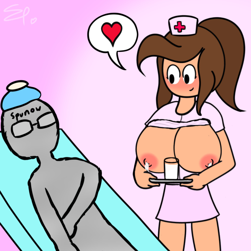 1girls amy_(spunow) artist_self-insert big_breasts breasts covid-19_pandemic hospital milk nurse spunow_ tagme