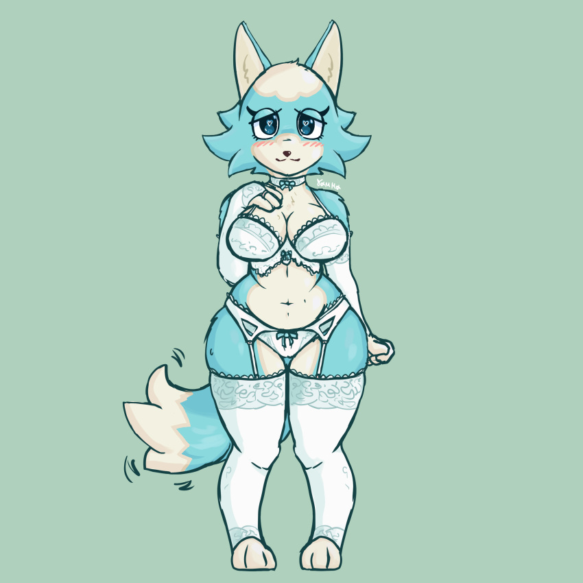 2021 animal_crossing anthro big_breasts blue_fur blush breasts cleavage female female_focus female_only furry gammainks innocent lingerie looking_at_viewer nintendo skye_(animal_crossing) thick_thighs thighs wolf