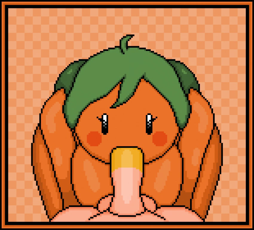 animated anthro blowjob fellatio food_creature fruit fruit_humanoid gif green_hair oral orange orange_background orange_body orange_skin orangejuicemann pixel_art poppy_(orangejuicemann) tagme