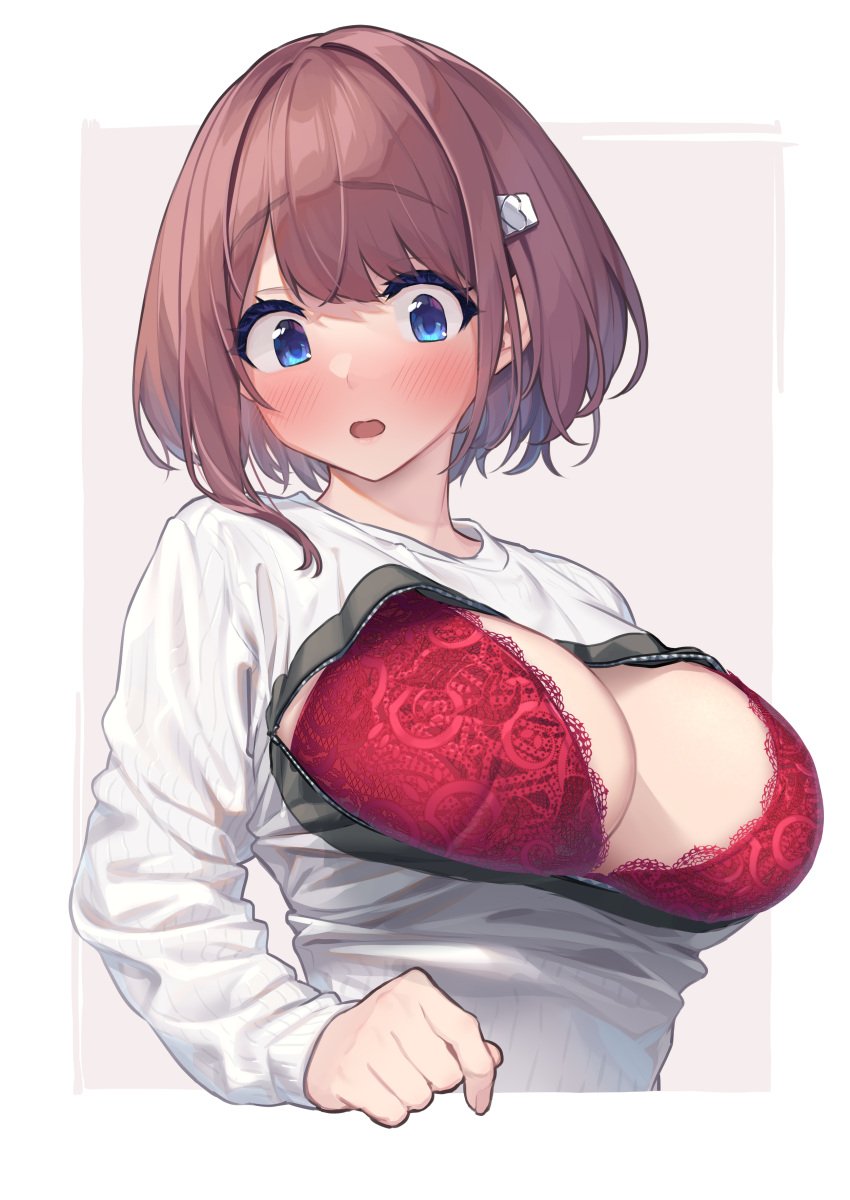 baffu big_breasts blue_eyes blush bra brown_hair cleavage female hair_ornament highres hitoyo_(baffu) original original_character short_hair shy simple_background sweater zipper