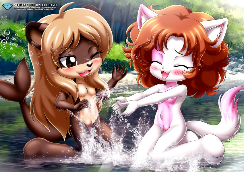 2girls anthro bbmbbf blush chani_(ajdurai) closed_eyes diamond_level female female_only jenny_(ajdurai) little_tails multiple_girls nude one_eye_closed open_mouth palcomix pietros_secret_club pussy river skinny_dipping tongue water