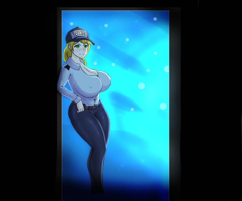 1girls big_breasts blonde blonde_hair blush el_jyjys female five_nights_at_freddy's five_nights_at_freddy's:_security_breach green_eyes looking_at_viewer ls massive_breasts no_bra oppai security_guard solo_female solo_focus vanessa_(fnaf) voluptuous yellow_eyes