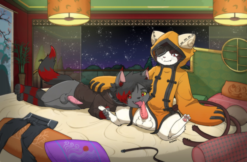 absurd_res anthro balls bed bedroom black_body black_fur blazblue boner clothing detailed_background domestic_cat duo erection eye_patch eyewear fangs felid feline felis fellatio feral fur furniture genitals grey_body grey_fur hi_res hoodie jubei_(blazblue) kazmaru_(character) kazoko_(artist) male male/male male_only mammal multicolored_body oral pawpads paws penile penile_spines penis red_eyes sex tapering_penis topwear two_tone_body video_games white_body white_fur