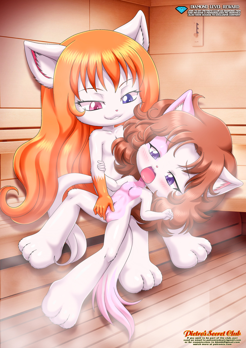 2girls anthro bbmbbf blush chani_(ajdurai) diamond_level female female/female female_only furry little_tails masturbation nude open_mouth palcomix pietros_secret_club pussy sauna yuri zaya_(ajdurai)