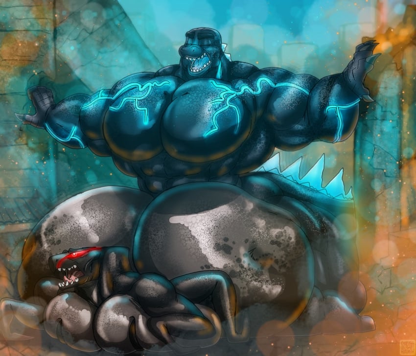 abs all_fours anal anal_sex anthro ass ass_up belly biceps big_belly big_breasts big_butt big_pecs blue_body blue_scales bodily_fluids breast_squish breasts claws deep_penetration doggy_style duo from_behind_position godzilla godzilla_(series) grunting kaiju male male/male monster monsterverse moobs muscular muscular_male muto_(godzilla) open_mouth orgasm orgasm_face pecs penetration red_eyes scales scalie sex squish stomach_bulge thick_thighs toe_claws toho tongue vein veiny_muscles wide_hips xtrent968