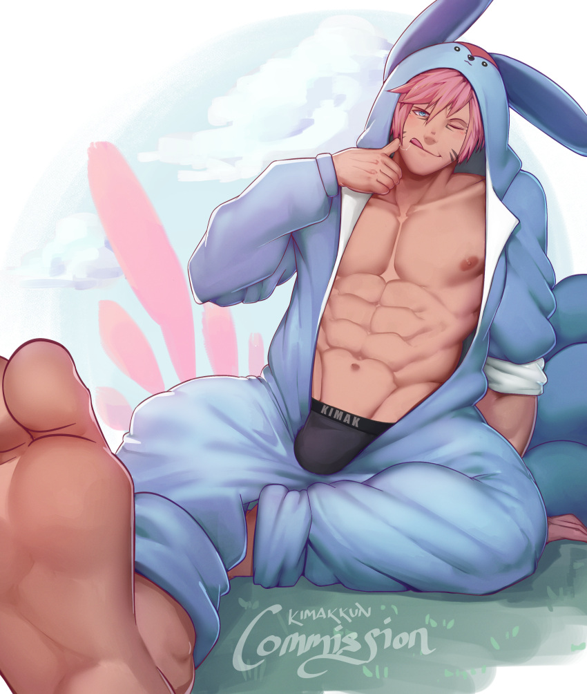 1boy black_underwear blue_eyes catboy drool_string final_fantasy final_fantasy_xiv inviting kigurumi kimakkun male male_only miqo'te muscular muscular_male nipples onesie penis pink_hair precum ruk'a_drasil_(final_fantasy_xiv) solo underwear underwear_bulge winking winking_at_viewer