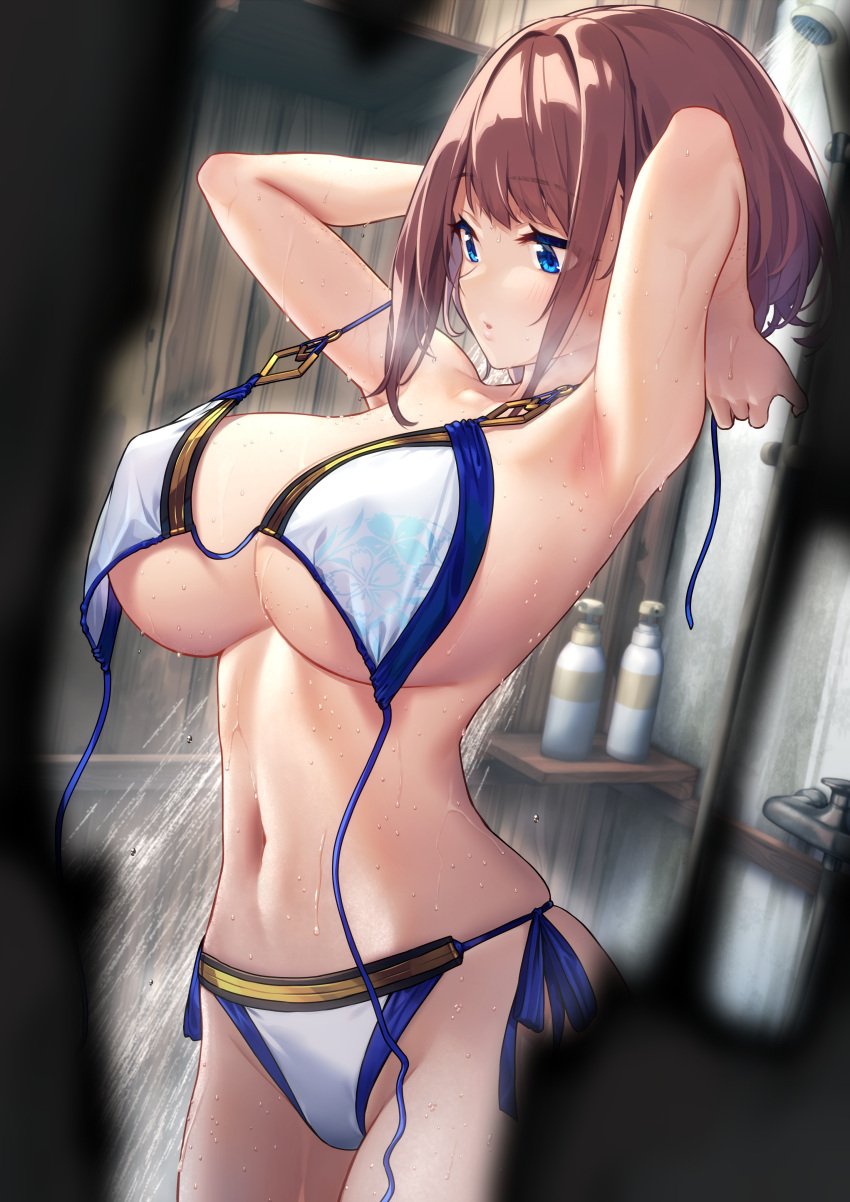 armpits baffu big_breasts bikini blue_eyes bra brown_hair erect_nipples female highres hitoyo_(baffu) large_breasts navel original original_character panties shampoo shower undressing wet