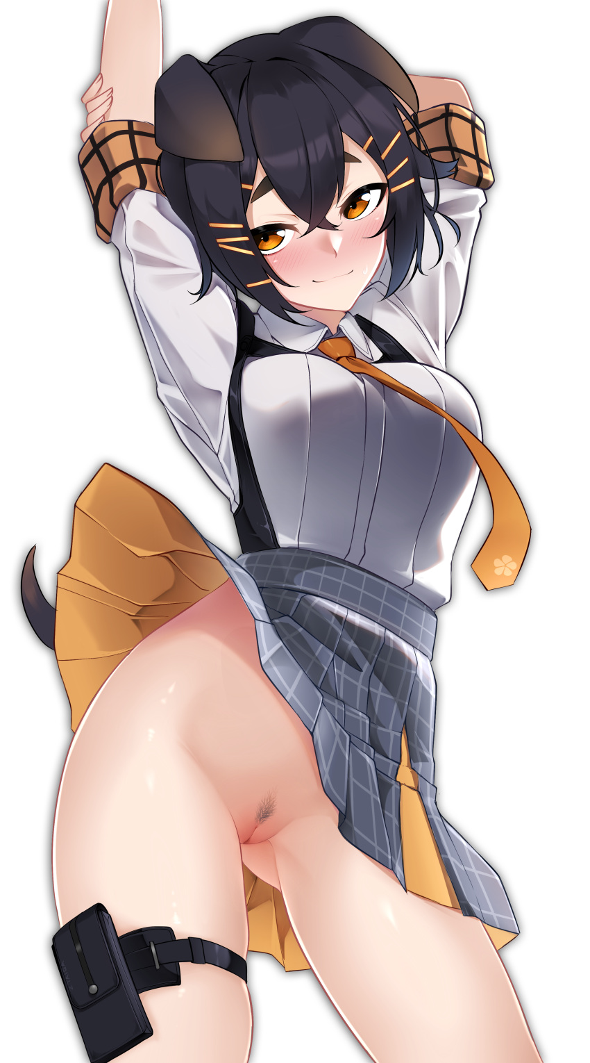 absurdres animal_ears arknights arms_up black_hair blush breasts brown_eyes commentary cowboy_shot female female_pubic_hair grey_skirt head_tilt highres jackie_(arknights) looking_at_viewer medium_breasts miniskirt necktie no_panties pouch pubic_hair pussy shirt short_hair short_sleeves simple_background skirt smile solo standing thigh_strap thighs uncensored white_background white_shirt yellow_neckwear z.taiga