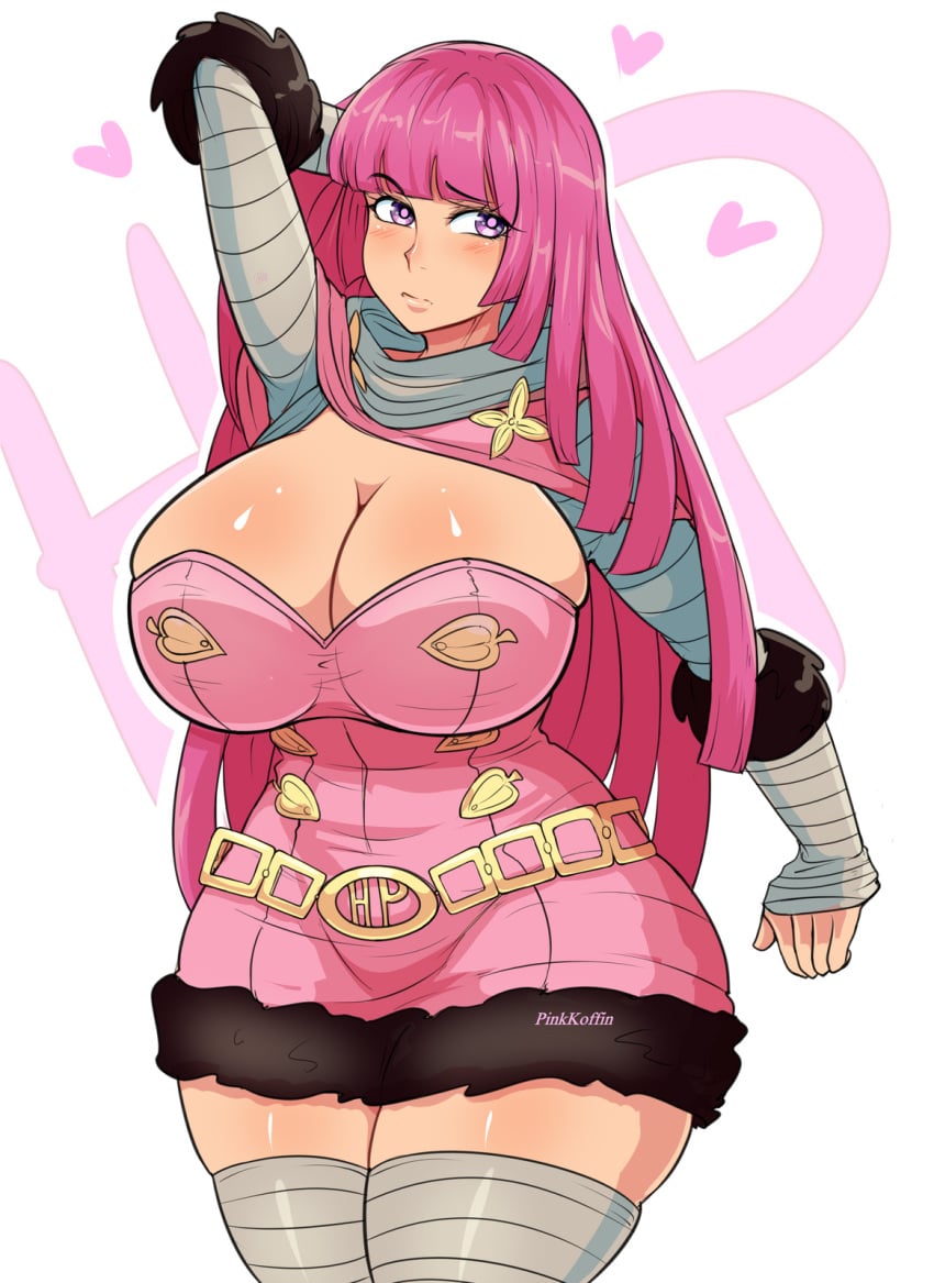 1girls alternate_breast_size alternate_hairstyle artist_name bangs belt big_breasts blush breasts cleavage clothing curvy eyebrows_visible_through_hair female female_only hand_behind_head heart highres hot_pants_(jjba) huge_breasts jojo's_bizarre_adventure large_breasts long_hair pink_eyes pink_hair pinkkoffin scarf shiny_hair shiny_skin solo steel_ball_run thick_thighs wide_hips