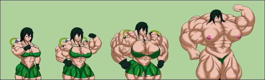 1girls abs angry_face bulky exposed_breasts exposed_nipples green_panties growth_sequence hyper_muscles medium_breasts muscle_growth muscular_female my_hero_academia panties_only riseart77 small_head small_nipples tagme tsuyu_asui veiny_muscles