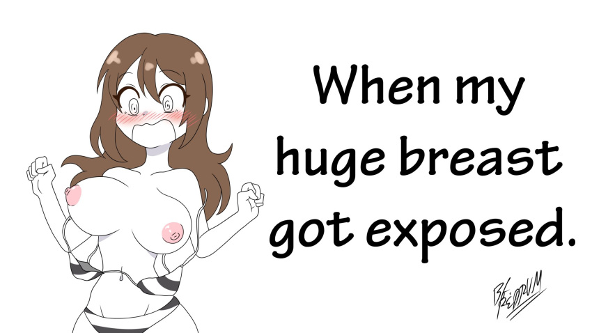 bgredrum bikini bikini_top_removed blush breasts brown_hair embarrassed emirichu english english_text shocked text two_piece_swimsuit wardrobe_malfunction youtube youtuber