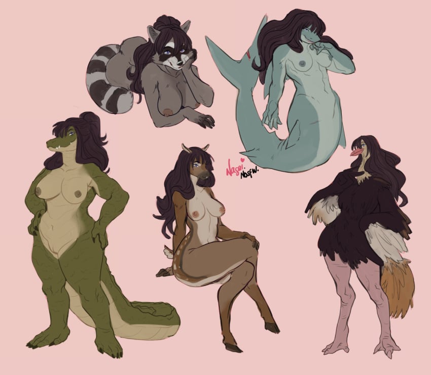 alternate_species anthro ass avian beak big_breasts bird bird_feet black_body black_feathers blue_eyes breasts brown_body brown_fur cervid claws crocodile crocodilian crocodylid feathered_wings feathers featureless_breasts female fin fish fluffy fluffy_tail fur genitals gills green_body green_scales grey_body grey_fur grey_skin hair hooves long_hair looking_at_viewer lying mammal marine melody_(rockerbobo) merfolk nagainosfw nipples no_nipples nude on_front ostrich procyonid pussy raccoon ratite reptile scales scalie shark sharp_teeth solo species_transformation striped_tail stripes tail_feathers tail_fin teeth thick_tail thick_thighs transformation wide_hips wings