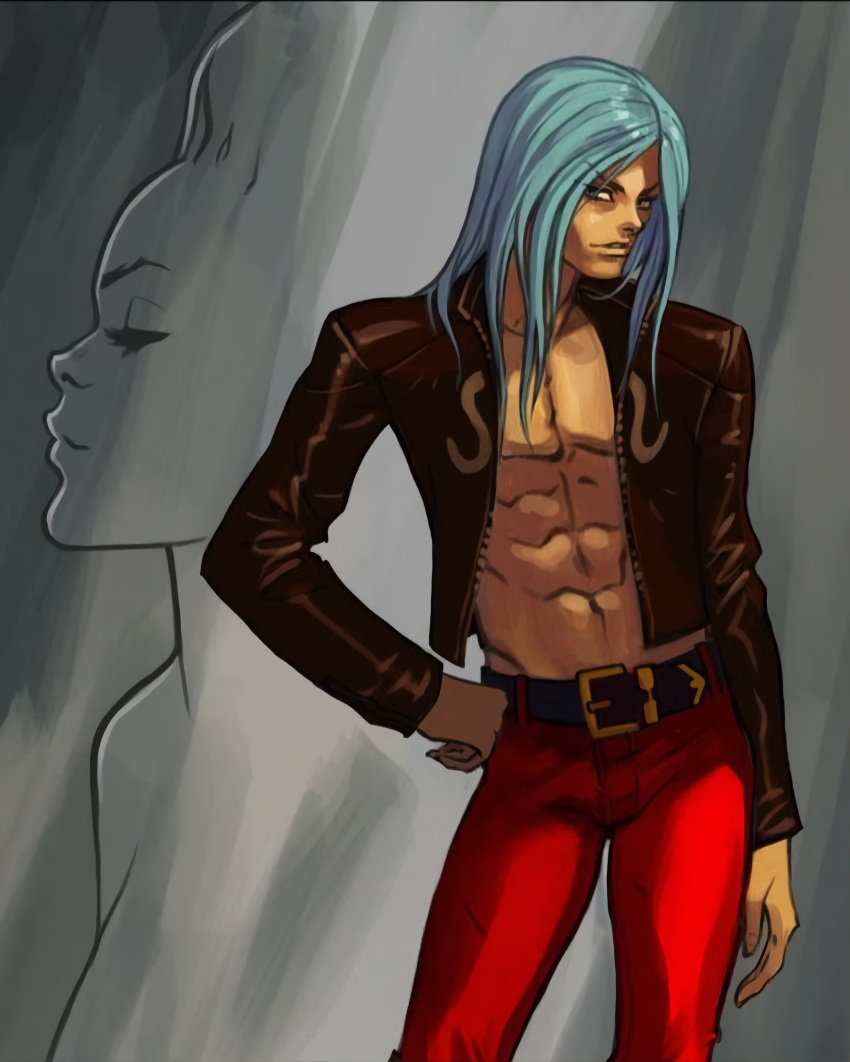 1boy artist_request barely_clothed belt capcom detailed_background female jacket jeans looking_at_another male_only muscular muscular_male posing remy's_sister_(street_fighter) remy_(street_fighter) street_fighter street_fighter_iii street_fighter_iii:_3rd_strike street_fighter_iii_(series) turquoise_eyes turquoise_hair unknown_artist