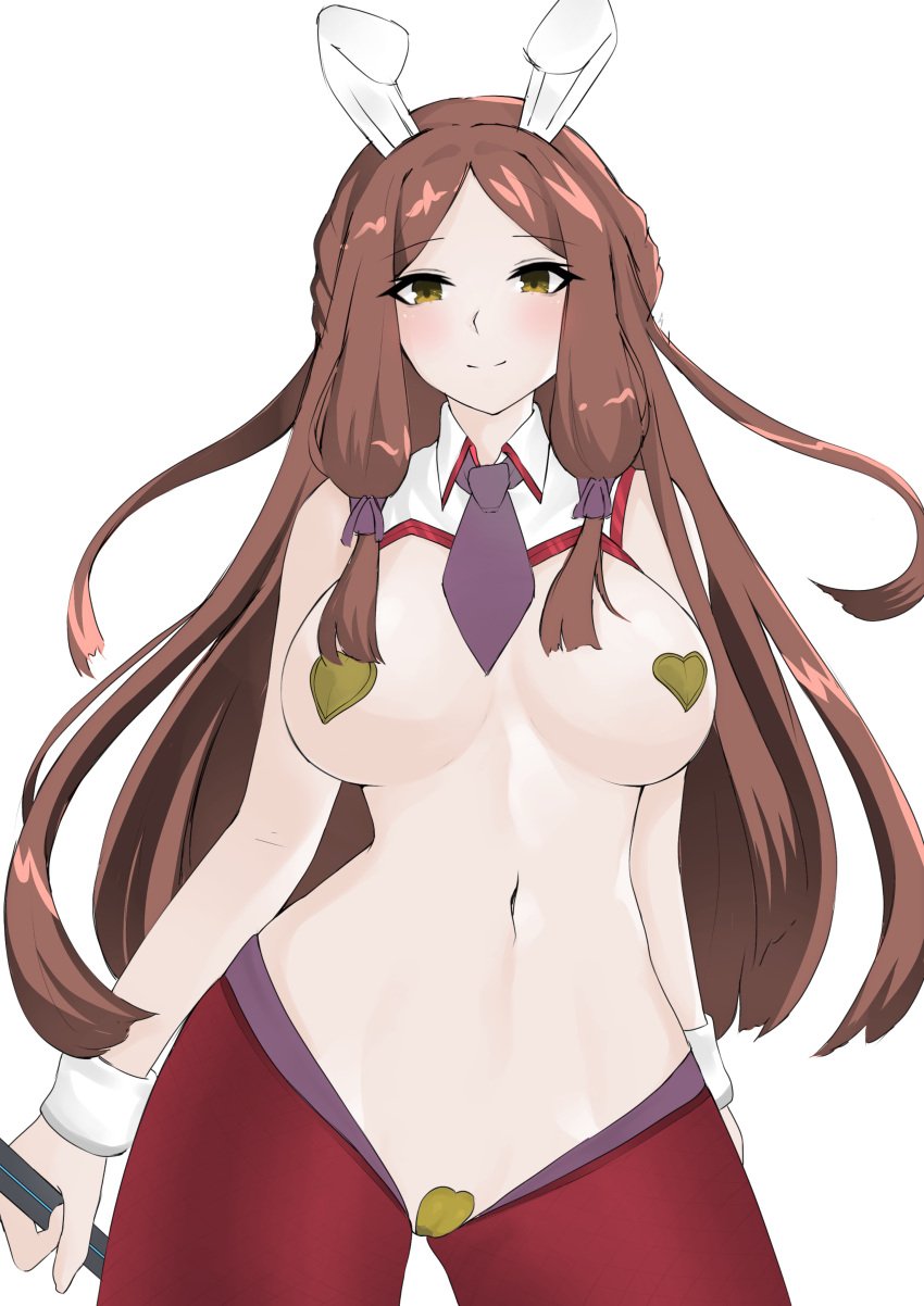 1girls alternate_costume blush breasts brown_hair bunny_ears bunnysuit color_edit colored_sketch commission female female_focus female_only green_heart_pasties green_pasties haze_(xenoblade) holding_object holding_staff latex long_hair miraiyako navel necktie necktie_between_breasts nintendo nipple_pasties pasties red_thighhighs reverse_bunny_costume reverse_bunnysuit sketch sleeveless smile solo solo_female thighhighs third-party_edit xenoblade_(series) xenoblade_chronicles_2 xenoblade_chronicles_2:_torna_the_golden_country yellow_eyes