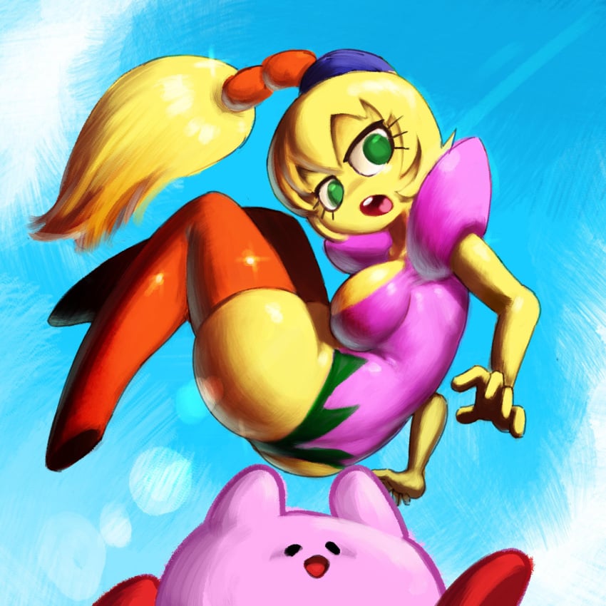 1:1 1girls 1other 2021 absurd_res ambiguous_gender arms_up ass bare_arms big_ass blonde_hair braid breasts carrying cleavage closed_eyes clothing eyelashes female full_body fumu-tan green_eyes highres humanized kirby kirby_(series) large_breasts leotard long_hair long_ponytail minus8 nintendo no_feet open_mouth outdoors pink_skin ponytail running shiny shiny_skin skin_tight skindentation sky smile teeth thick_thighs thighhighs thighs tied_hair tiff_(kirby) tight_clothing tongue yellow_skin