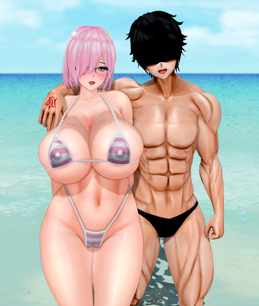 1boy 1girls 3d 3d_(artwork) abs beach bikini blush breasts cleavage cm3d2 custom_maid_3d_2 fate/grand_order fate_(series) fujimaru_ritsuka_(male) glasses hair_over_one_eye highleg highres huge_breasts looking_at_viewer mash_kyrielight micro_bikini midriff muscular muscular_male negakura_imu nipples nipples_visible_through_clothing open_mouth outdoors pink_hair purple_eyes pussy short_hair smile swimsuit thick_thighs thighs thong