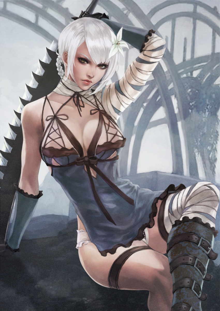 arm_support body_wraps boots clothed crossed_legs dress gloves green_eyes hair_flower hi_res holding_object kaine_(nier) legs looking_at_viewer monorirogue nier nier_replicant panties pinup pose sitting solo solo_focus square_enix sword weapon weapon_over_shoulder white_hair white_panties wraps