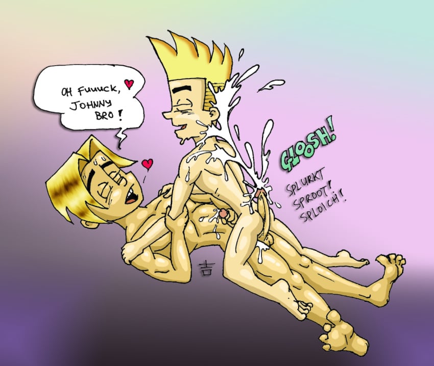 2boys 4_fingers 4_toes age_difference arched_back artist_signature cartoon_network closed_eyes colored cum cum_on_back cum_on_hair cum_on_leg cumshot ejaculation erection full_body gay gay_sex gil_nexdor gradient_background handjob hands_on_shoulders heart holding_penis hot_dogging johnny_test johnny_test_(series) lying_on_back male male_only masturbating_other masturbation multiple_males naked orgasm_face orgasm_from_handjob penis penis_size_difference pleasure_face purple_background sound_effects speech_bubble straddling sweat sweatdrops teen_boy teenager yaoi yoshi_(artist)