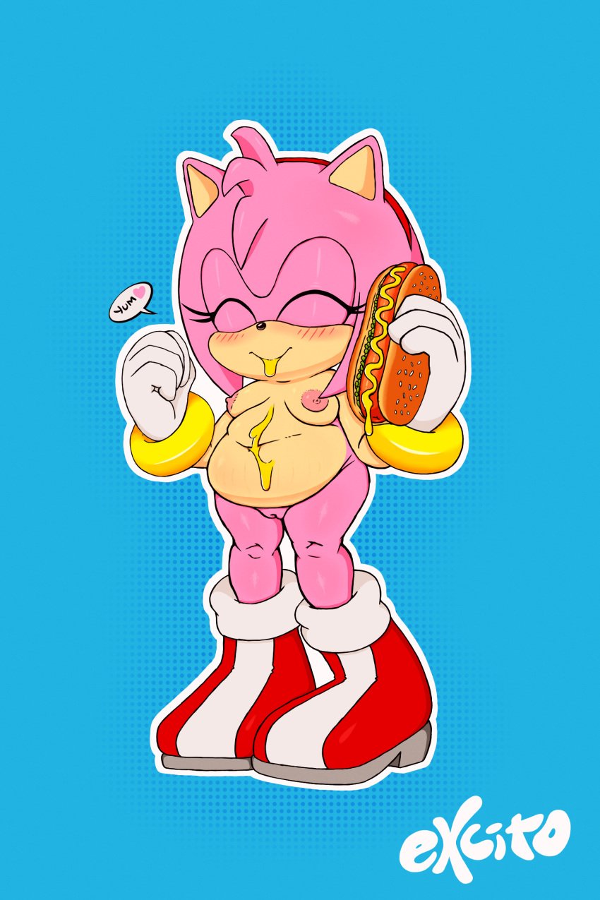 amy_rose blush breasts chili_dog closed_eyes excito female food hedgehog mammal mustard nude obese overweight pussy slightly_chubby sonic_(series)