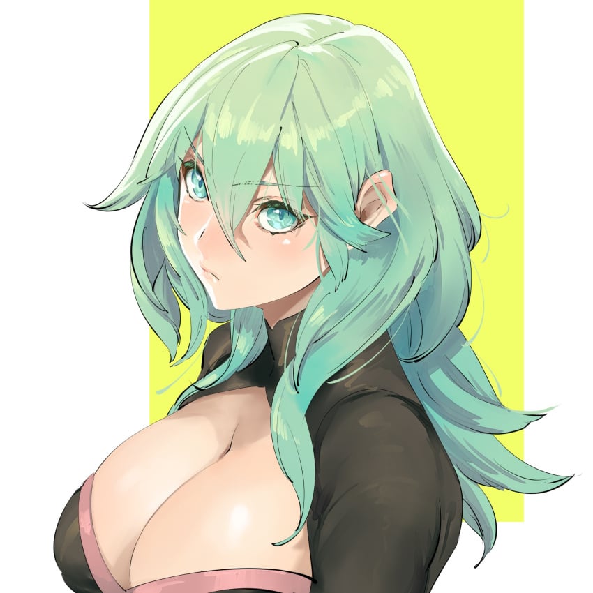 1girls black_shirt border breasts byleth_(fire_emblem) byleth_(fire_emblem)_(female) cleavage deep_cleavage enlightened_byleth_(female) female female_only fire_emblem fire_emblem:_three_houses green_eyes green_hair hair_between_eyes hair_over_shoulder highres kin_mokusei large_breasts light_blush long_hair looking_at_viewer nintendo non-euclidean_border portrait shirt solo upper_body v-shaped_eyebrows white_border yellow_background