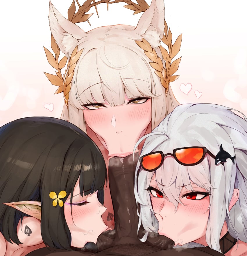 1boy 3girls :>= ahoge animal_ear_fluff animal_ears arknights ball_sucking balls bangs black_hair brown_eyes choker closed_eyes collaborative_fellatio dark-skinned_male dark_skin eunectes_(arknights) eyebrows_visible_through_hair eyewear_on_head fellatio fffm_foursome flower foursome hair_between_eyes hair_flower hair_ornament heart hearts heavy_breathing horse_ears interracial laserflip laurel_crown licking_testicles light-skinned_female light_skin long_hair looking_at_viewer male_pov male_pubic_hair multiple_fellatio multiple_girls oral out_of_frame paid_reward penis platinum_(arknights) pointy_ears pov pubic_hair queen_of_spades red_eyes rosaline saliva short_hair sidelocks silver_hair skadi_(arknights) straight stray_pubic_hair sunglasses sunglasses_on_head tattoo teamwork testicle_sucking testicles tinted_eyewear uncensored whale_hair_ornament white_hair yellow_flower