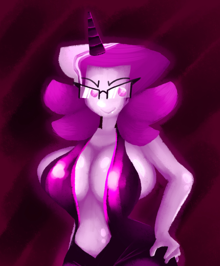 big_breasts breasts doctorconnie female female_focus female_only glasses horn huge_breasts large_breasts no_navel pink_eyes pink_skin pokopakku purple_background purple_hair sharp_teeth succubus