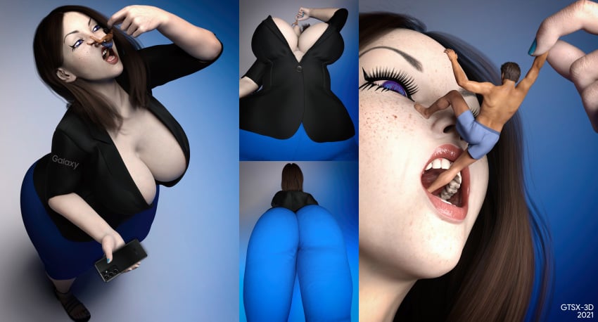 1boy 1girls 2021 big_breasts blue_eyes breasts cellphone female giantess giantess_vore gtsx3d imminent_vore male samsung samsung_galaxy samsung_sam vore