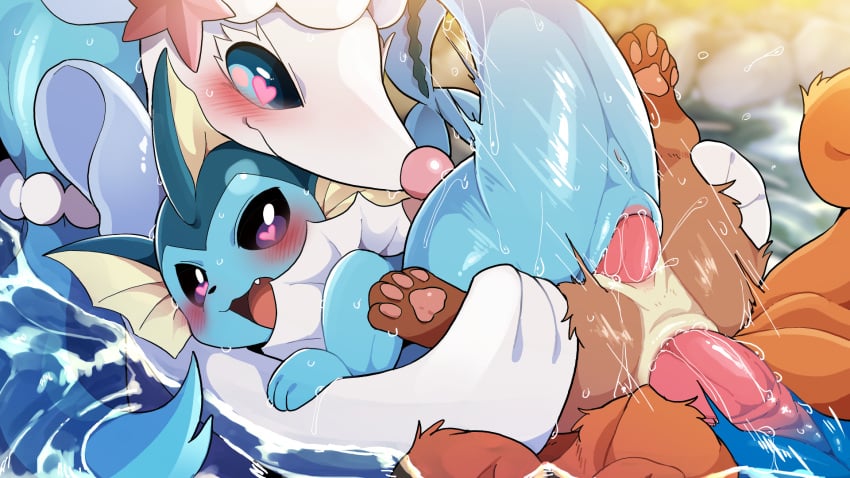 <3_eyes 2021 anal anal_sex anthro bisexual bisexual_male blush bodily_fluids dagasi double_penetration eeveelution erection female genital_fluids genitals group group_sex heart hi_res male male/female nintendo penetration penis pokemon pokemon_(species) portal primarina pussy pussy_juice sex sweat vaginal_penetration vaporeon video_games vulpix