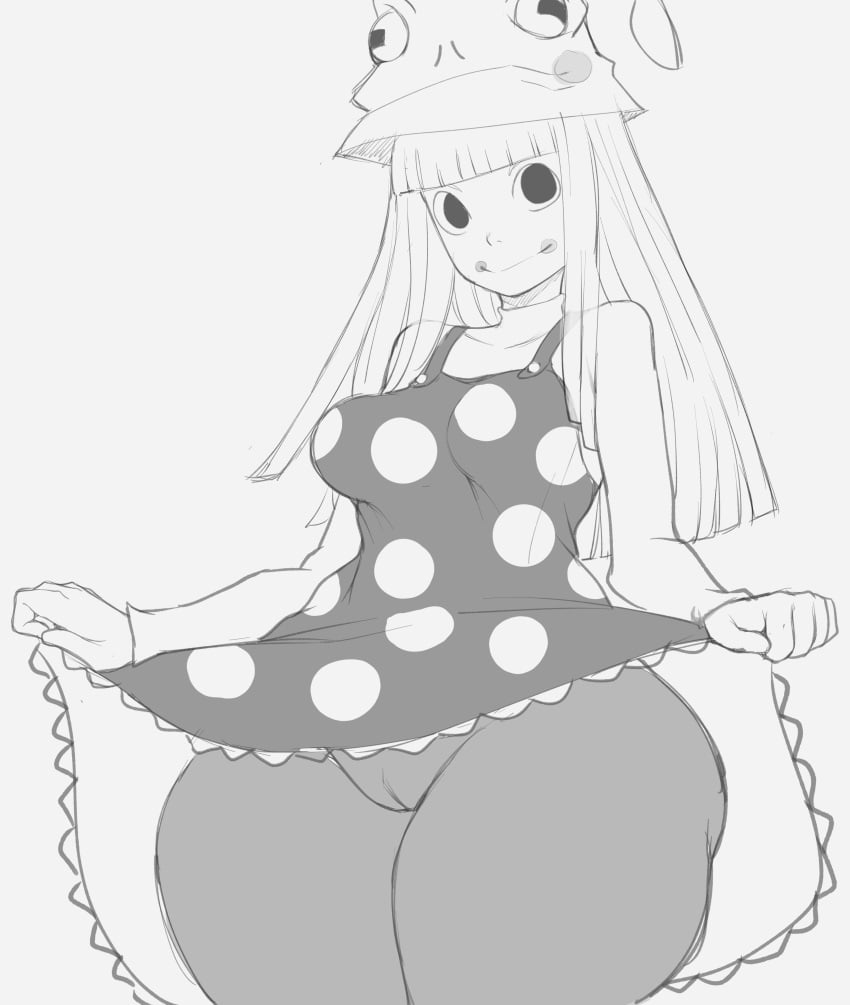 1girls alternate_breast_size alternate_version_available big_breasts breasts eruka_frog exposed_pussy female female_only monochrome pussy solo soul_eater thanuki thanukiart thick_thighs thighs vagina witch