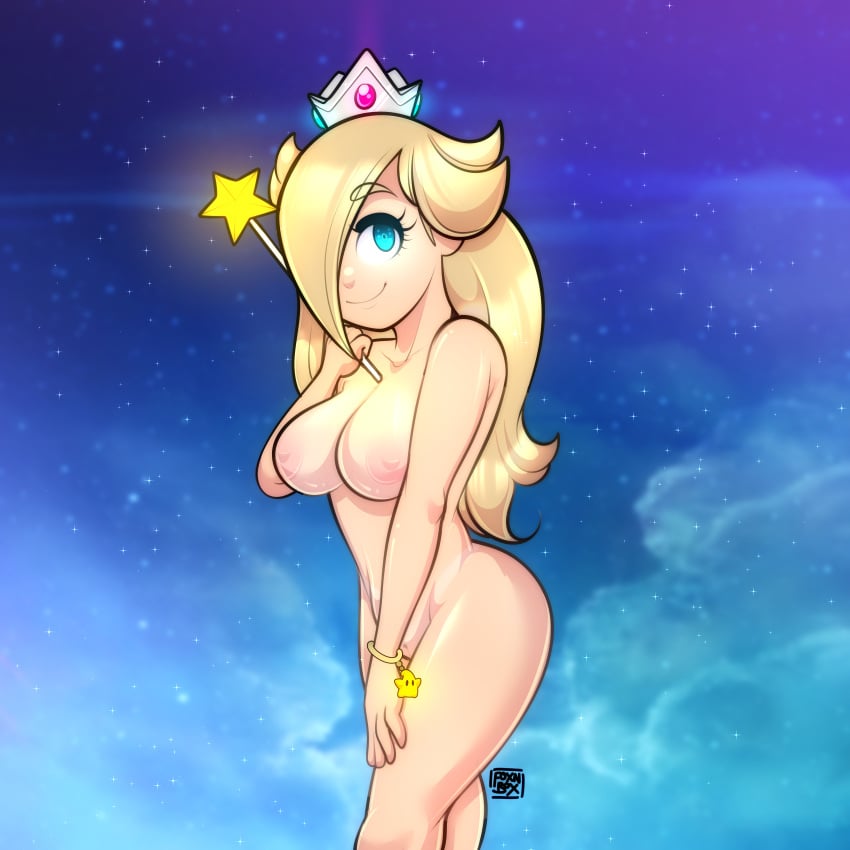 1girls aqua_eyes blonde_hair blue_eyes bracelet breasts completely_nude crown female fox-n-box foxnbox hair_over_one_eye holding holding_object holding_wand mario_(series) medium_hair naked nintendo nipples nude princess_rosalina pussy smile smiling solo space super_mario_galaxy vagina wand white_skin