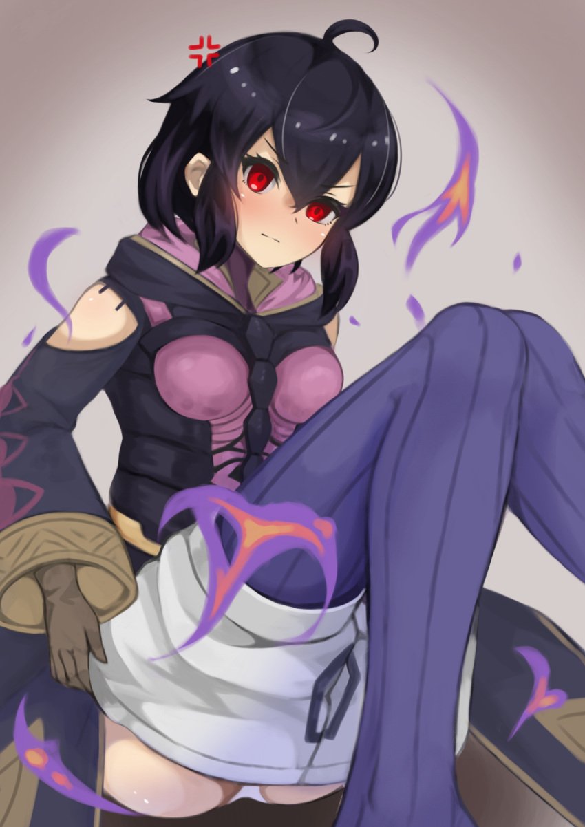 1girls akairo alternate_costume anger_vein angry black_hair corruption dark_aura fire_emblem fire_emblem_awakening fire_emblem_heroes grima_(fire_emblem) looking_at_viewer medium_hair morgan_(fire_emblem) morgan_(fire_emblem)_(female) nintendo panties pantyshot pantyshot_(sitting) red_eyes solo solo_female undressing white_panties