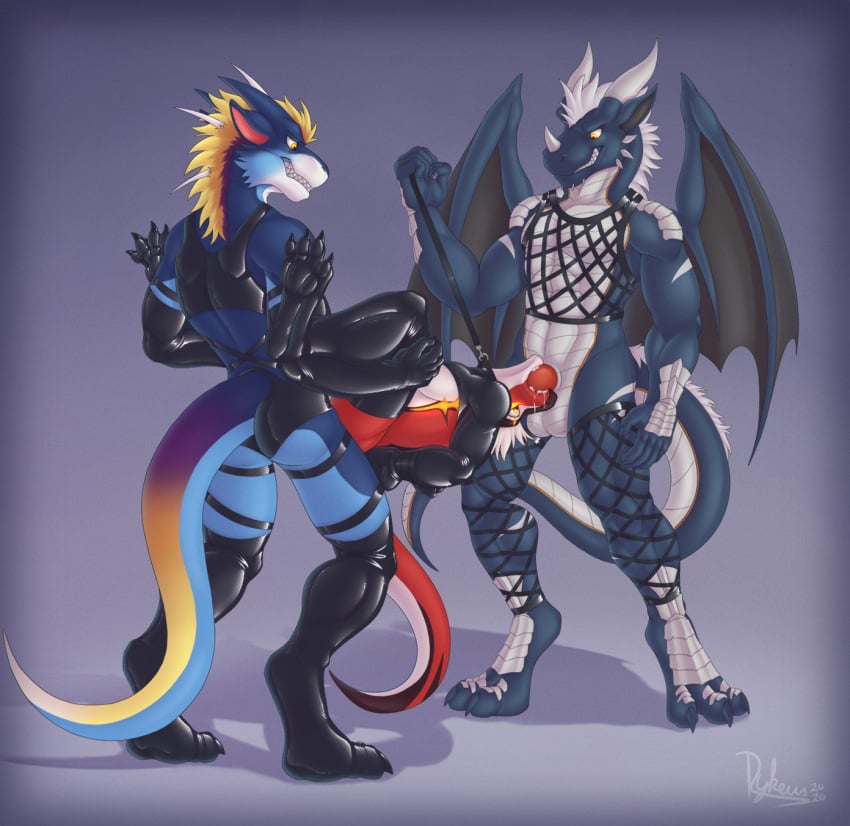 anthro blue calax clothing collar dragon fellatio fishnet group group_sex hi_res invalid_tag leash male male/male mmm_threesome oral penile pet raining rubber sex spitroast teryx teryx_commodore wikiwarrior