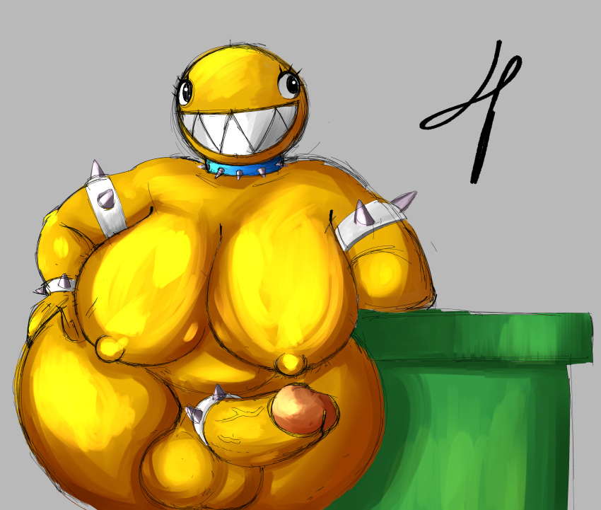 absurd_res accessory anthro ass balls belly big_breasts big_butt blue_collar bracelet breasts chain_chomp cock_ring collar curvy_figure digital_media_(artwork) erection eye_moisturizer eyelashes futanari genitals glistening glistening_body gold_(metal) gold_chain_chomp golden_body guide_lines gynomorph hi_res huge_breasts humanoid intersex jewelry mario_(series) nintendo nipples nude overweight_anthro penis penis_accessory penis_jewelry sharp_teeth simple_background sketch sketchy smile solo spiked_cock_ring spiked_collar spikes super_mario_bros. teeth thick_thighs video_games warp_pipe wide_hips