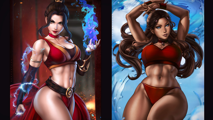 2girls avatar_the_last_airbender azula big_breasts blue_eyes bra breasts brown_eyes brown_hair child_bearing_hips chocolate_and_vanilla cleavage clothed clothing dandon_fuga dark-skinned_female dark_skin female female_focus female_only fire fire_bending fire_nation hair_up hips katara large_breasts light-skinned_female light_skin lighting loincloth long_hair midriff nickelodeon panties pubic_hair sports_bra thick_thighs thighs underwear very_long_hair water water_tribe waterbending wide_hips