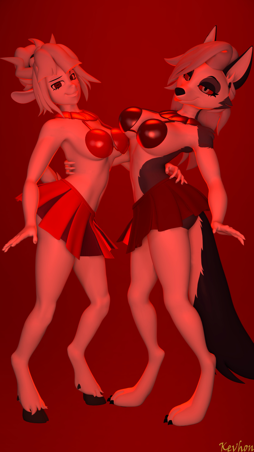 2girls 3d animal_ears animal_tail anthro bra caprine clothing crossover duo female female_only fur furry goat_lucifer_(helltaker) grey_hair grin helltaker helluva_boss hooves horns kevhon looking_at_viewer loona_(helluva_boss) lucifer_(helltaker) skirt source_filmmaker tagme tail tongue_out vivienne_medrano white_fur wolf