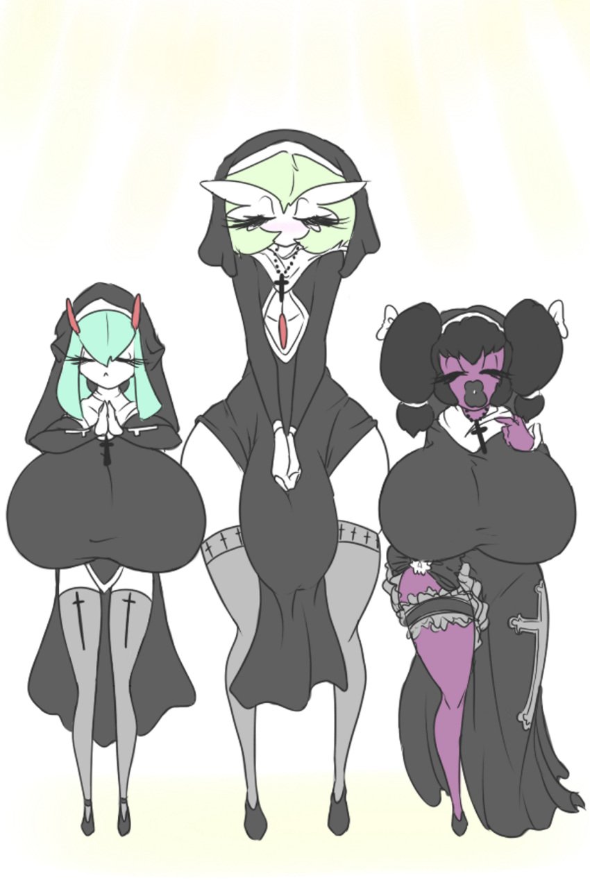 1boy 2girls anthro big_breasts breasts bulge closed_eyes clothed clothing clothing_lift edit female female_pokemon gardevoir girly gothitelle gothorita group huge_breasts hyper hyper_breasts kirlia legwear lips lipstick makeup male male_gardevoir male_nun male_pokemon nintendo nun pokémon_(species) pokemon pokemon_(species) pokemon_rse snugundies stockings thick_lips thick_thighs trap video_games