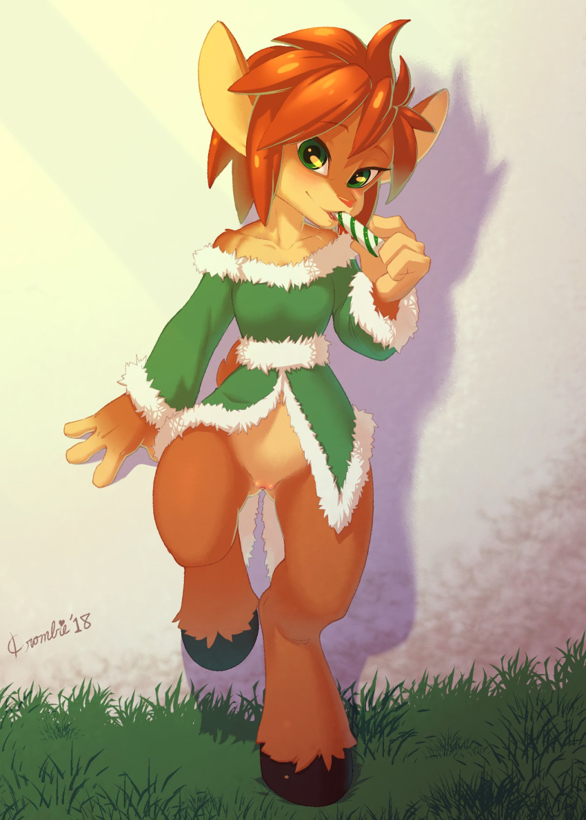 2018 4_fingers activision anthro bottomless brown_body brown_fur brown_hair candy candy_cane christmas christmas_clothing clothing crombie dessert elora faun_(spyro) female fingers food fur furry furry_only genitals green_eyes green_outfit hair hi_res holidays hooves licking_candy looking_at_viewer mammal mostly_nude pussy signature solo spyro_the_dragon tail topwear video_games