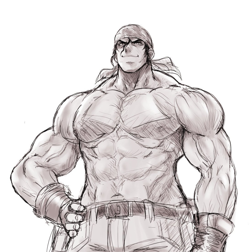 1boy anagumasan belt gloves grin jeans king_of_fighters looking_at_viewer male_only muscular muscular_male no_color ralf_jones seductive_look shirtless sketch snk solo_male