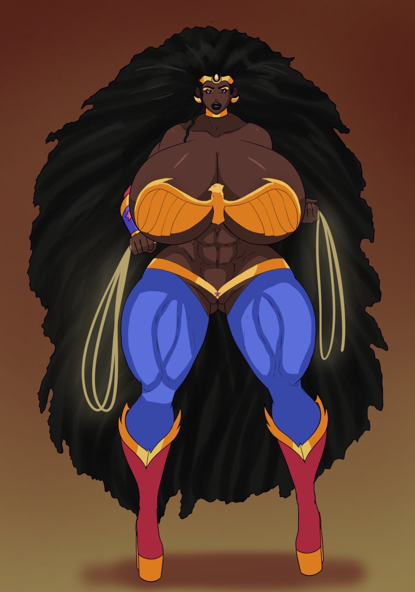 1girls african african_female amazon annon bimbo breasts breasts_bigger_than_head cleavage dark-skinned_female dark_skin dc dc_comics exposed_pussy eyeshadow high_heels huge_breasts lasso lasso_of_truth lipstick long_hair looking_at_viewer makeup muscular muscular_female no_panties nubia pussy skimpy solo thick_thighs very_long_hair voluptuous wide_hips wonder_woman_(series)