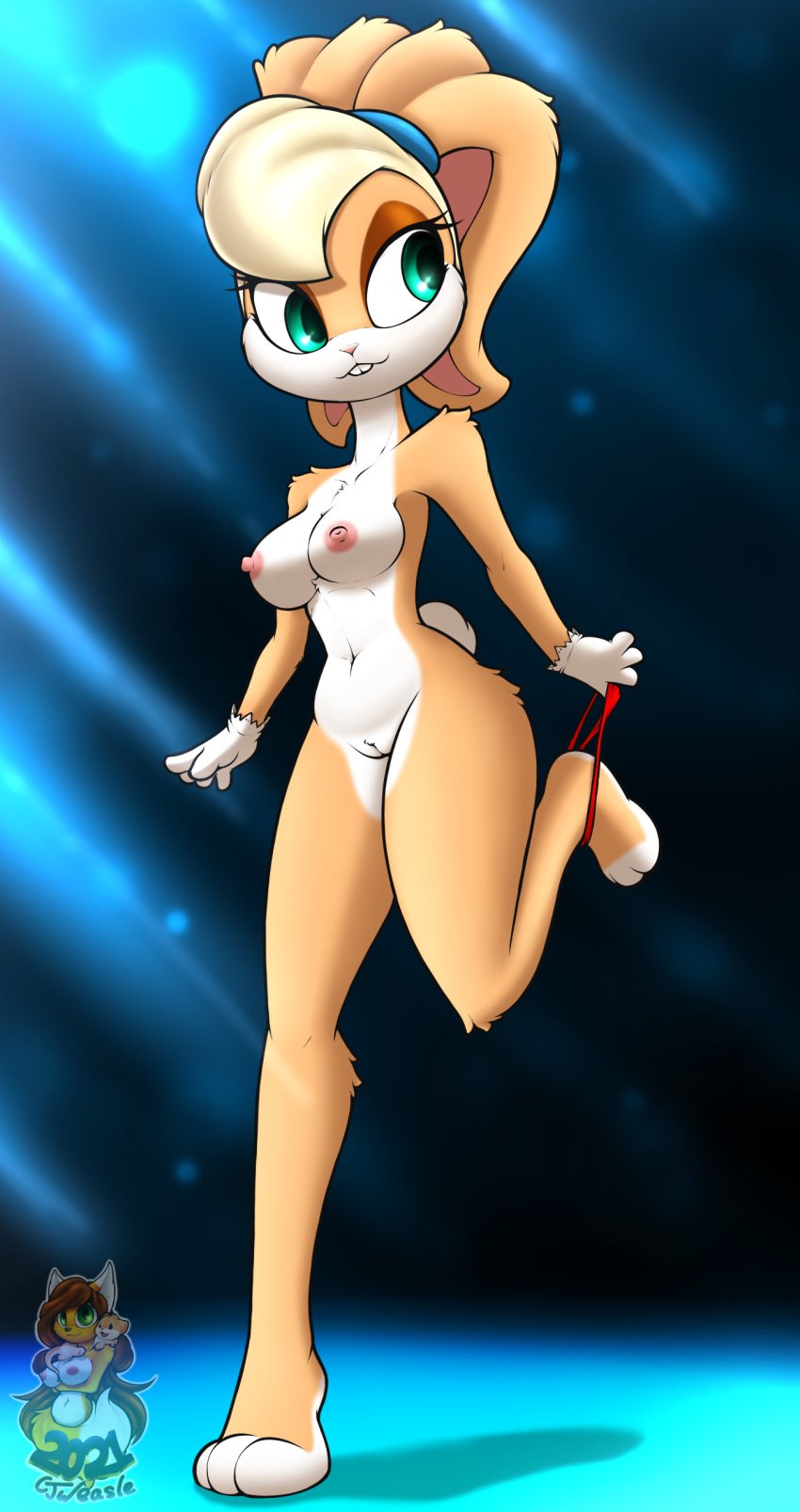 2021 3_toes absurd_res anthro areola blonde_hair breasts buckteeth cheek_tuft cjweasle cleft_of_venus clothing countershade_crotch countershade_face countershade_feet countershade_torso countershading facial_tuft feet female fur gloves hair handwear hi_res lagomorph leporid logo lola_bunny long_legs looking_aside looney_tunes mammal navel nipples on_one_leg panties panties_around_one_leg paws pink_nose rabbit solo standing tan_body tan_fur teal_eyes teeth tied_ears toeless_(marking) toes tuft tugging_clothing underwear underwear_around_one_leg undressing warner_brothers white_body white_countershading