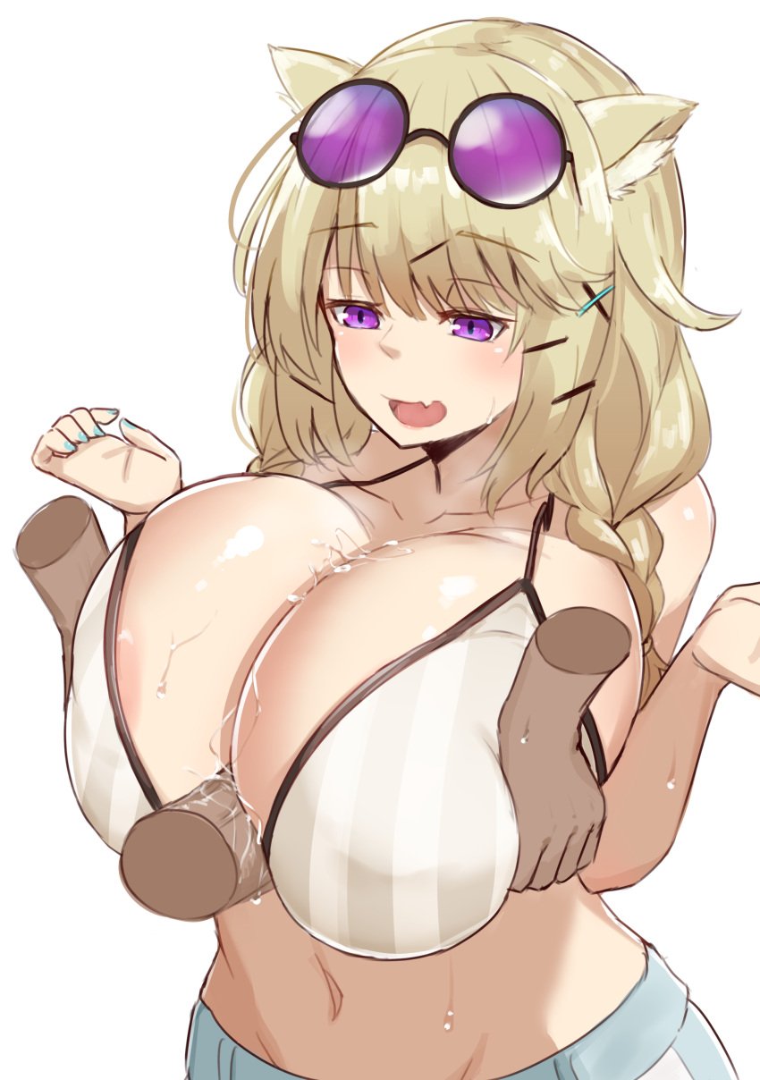 1boy absurdres animal_ear_fluff animal_ears arknights bangs between_breasts bikini braid breast_press breast_squeeze breasts brown_hair cleavage collarbone cum disembodied_penis ejaculation eyebrows_visible_through_hair eyewear_on_head female hair_ornament hairclip highres huge_breasts leginfs_(ppppriver) long_hair nail_polish navel nipple_slip nipples oerba_yun_fang official_alternate_costume open_mouth paizuri penis purple_eyes round_eyewear sidelocks simple_background skin_fang slit_pupils striped sunglasses sunglasses_on_head sweat swimsuit tinted_eyewear upper_body utage_(arknights) vertical-striped_bikini vertical_stripes x_hair_ornament