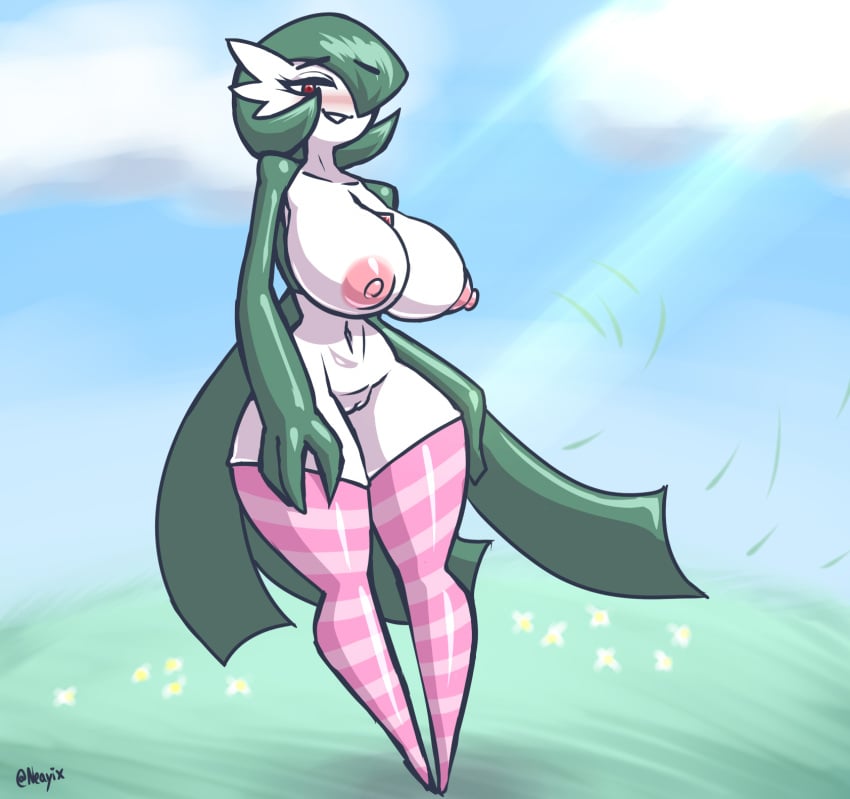 1girls anthro bedroom_eyes big_breasts breasts clothing erect_nipples female female_gardevoir female_only gardevoir genitals hi_res humanoid knee_highs legwear looking_at_viewer mostly_nude narrowed_eyes neayix nintendo nipples not_furry outside pokémon_(species) pokemon pokemon_(species) pokemon_rse puffy_nipples pussy red_eyes seductive smile solo video_games wide_hips